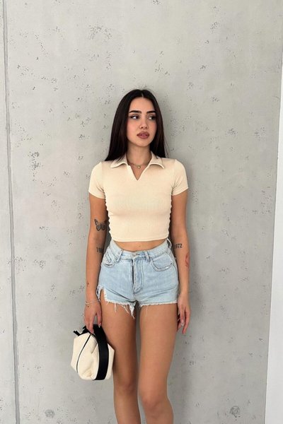 Crop Short-Sleeve Polo Collar Blouse - Cream