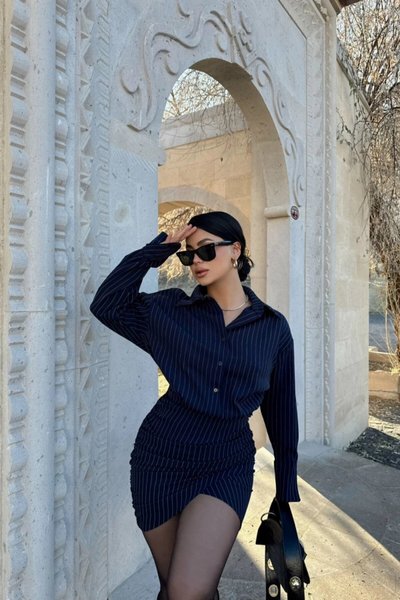 Lacivert Çizgili Mini Gömlek Duble Kumaş Elbise