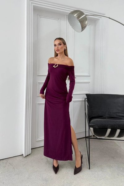 Long Off-the-Shoulder Slit Accessory-Detail Evening Dress - Plum