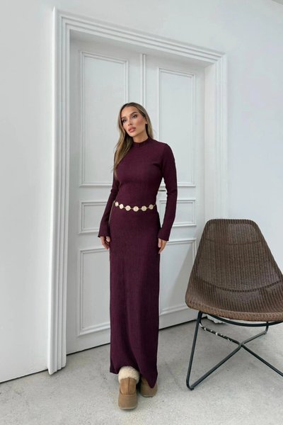 Mürdüm Uzun Ottoman Kumaş Kemerli İspanyol Kol Elbise