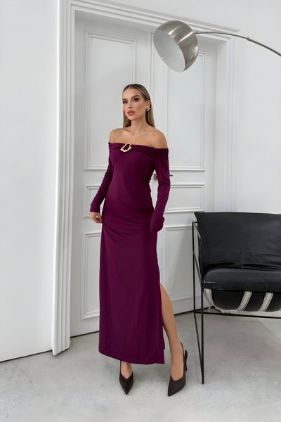 Long Strapless Slit Accessory-Detail Dress - Plum