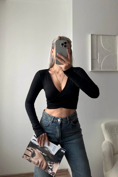 Crop Scuba Crossover Neck Blouse - Black