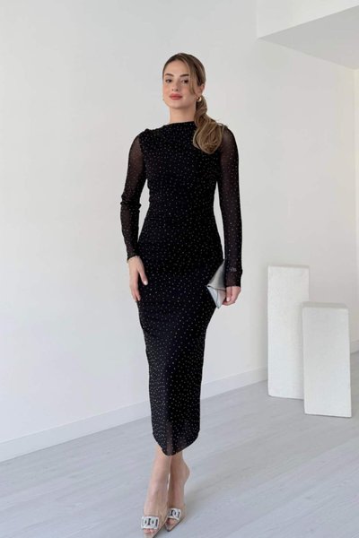 Midi Studded Draped Tulle Dress - Black