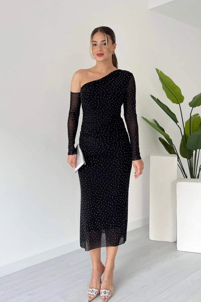 Midi Tulle One-Shoulder Stone-Detail Dress - Black