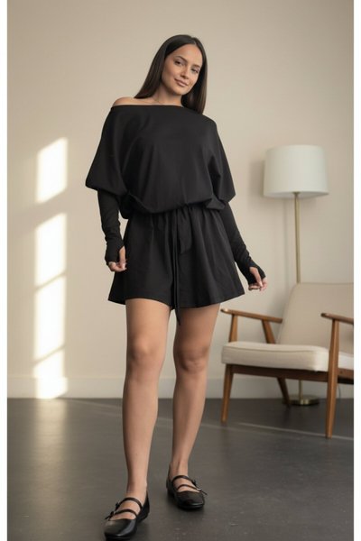 Mini Tie-Detail Boat-Neck Skirt-Shorts Dress - Black