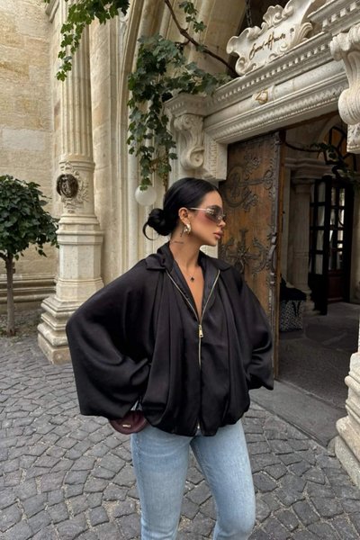 Siyah Saten Bomber Yarasa Kol Fermuarlı Ceket