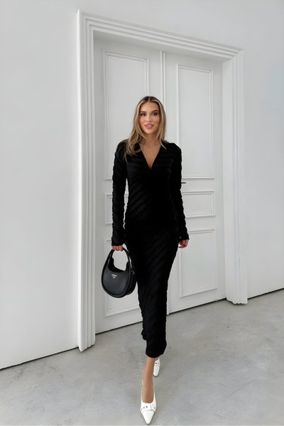 Long Pencil Gofre Reverse-Stitch V-Neck Dress - Black