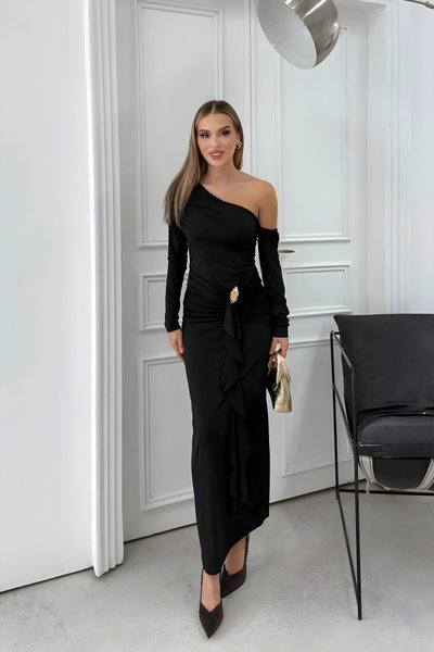 Long Ruched One-Shoulder Evening Dress with Accessory Detail - Black