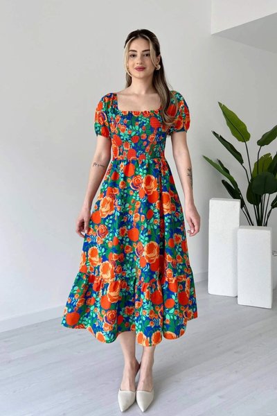 Long Puff Sleeve Floral Print Elasticated Waist Dress - Orange