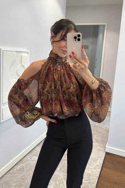 Patterned Chiffon Cold-Shoulder Blouse - Orange