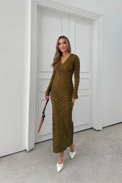 Long Pencil Textured V-Neck Reverse-Stitch Dress - Green