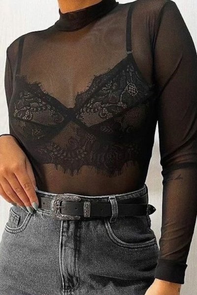 Siyah Tül Transparan Seksi Tek Parça Bodysuit
