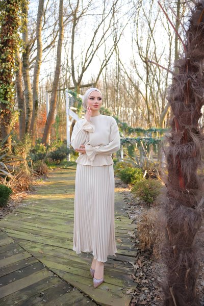 Modest Pleated Skirt Dress - Light Beige