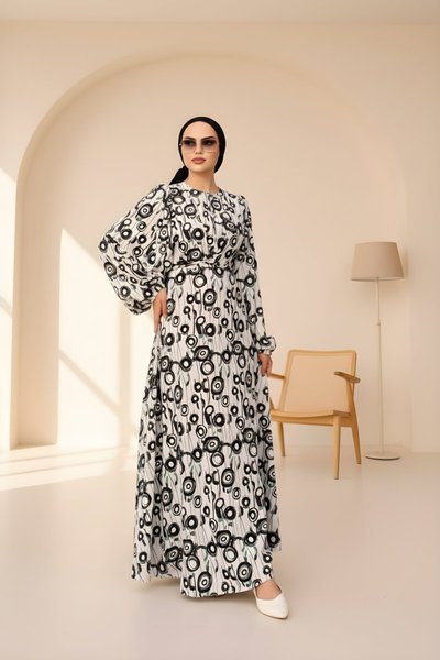 Modest Round Patterned Satin Tie-Detail Dress - White