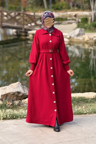 Bordo Örme Toka Kemerli Ferace