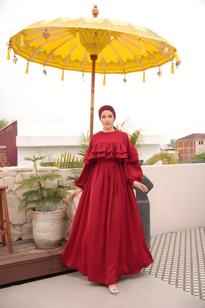 Bordo Salaş Çift Fırfırlı Tesettür Elbise