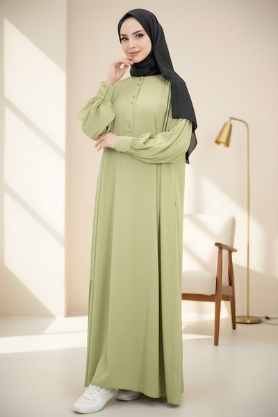 Modal Cupra Buttoned Gathered Detail Modest Dress - Mint Green