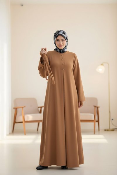 Knitted Buttoned Cuff-Detail Modest Dress - Camel