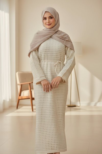 فستان محتشم بأكمام طويلة إكرو من تريكو شبكي ببطانة