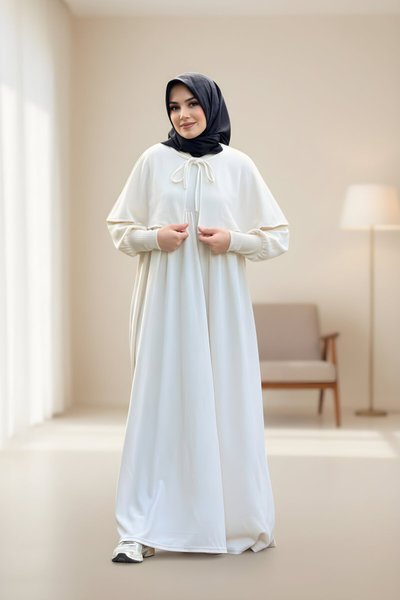 Knitted Caped Modest Dress - Ecru