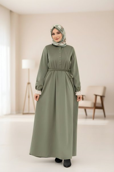 Modest Velvet Trimmed Dress - Pistachio