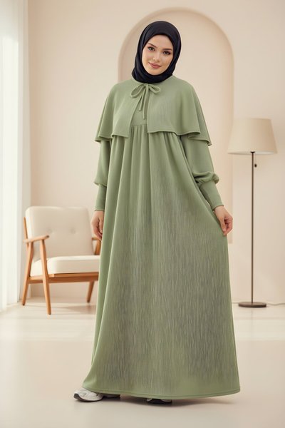 Knit Caped Modest Dress - Pistachio Green