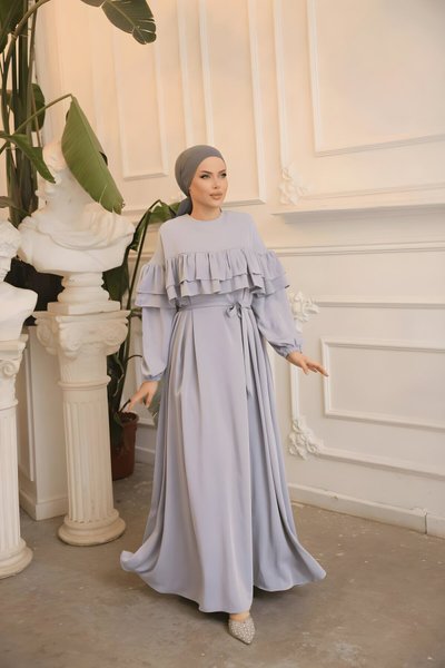 Relaxed Fit Double Ruffled Modest Dress - Marl Grey