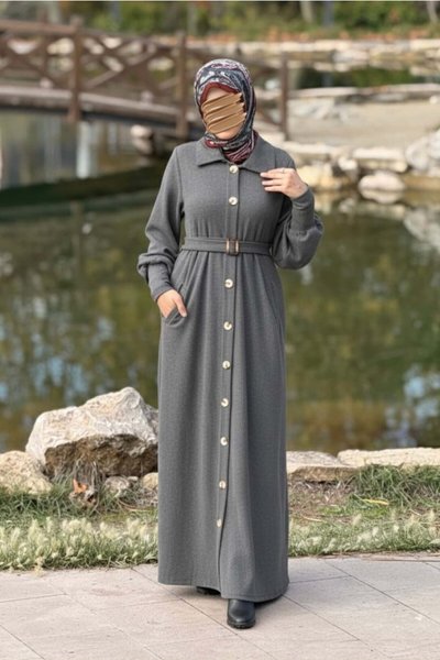 Gri Örme Flato Cepli Toka Kemerli Ferace