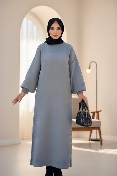 فستان محتشم واسع رمادي بتصميم تريكو