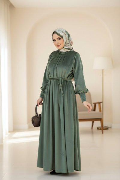 Modest Velvet Gathered Neck Dress - Khaki
