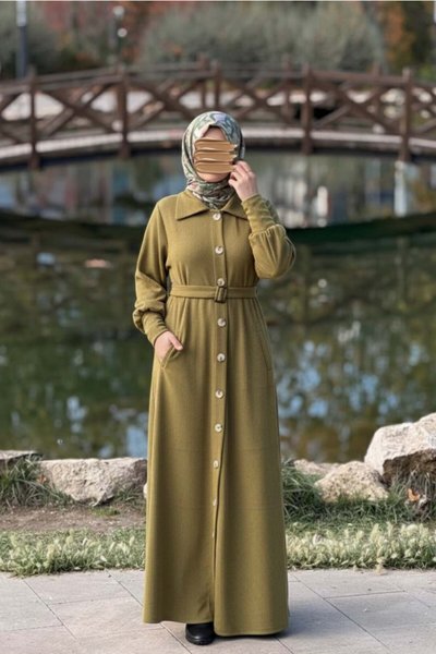 Haki Örme Flato Cepli Toka Kemerli Ferace