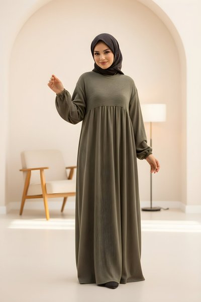 فستان محتشم فضفاض كاكي محبوك بتفصيل الصدرية