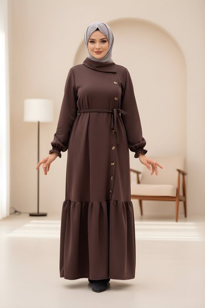 Wrap Knitted Side-Button Modest Dress - Brown