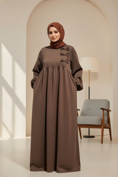 Knitted Bow-Detail Modest Dress - Coffee