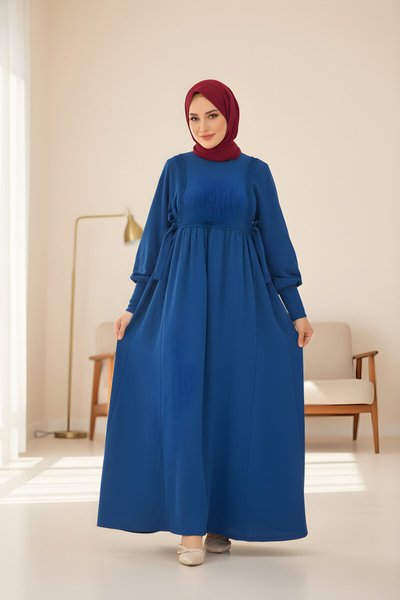 Modest Knitted Lace-Detail Tie-Side Dress - Navy Blue