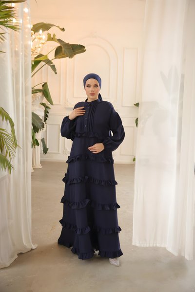 Loose Fit Patterned Ruffled Modest Dress - Navy Blue