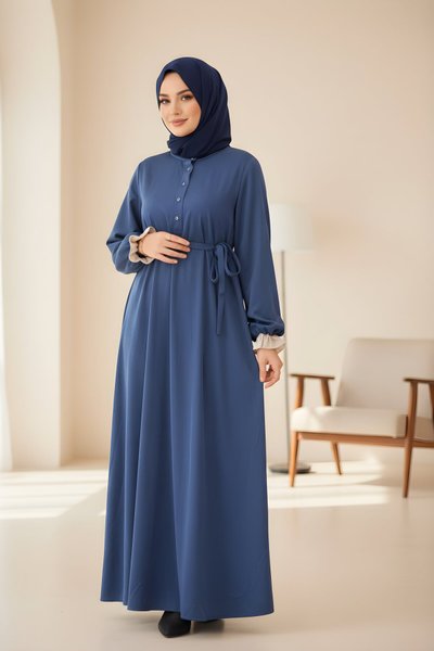 Modest Velvet-Detail Dress - Navy Blue