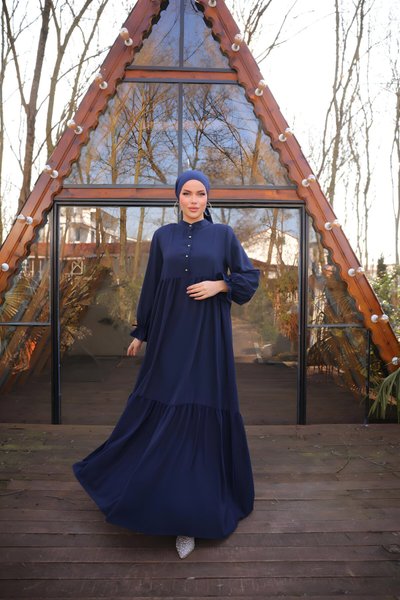 Tiered Half-Placket Modest Dress - Navy Blue
