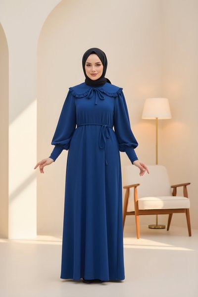 Modest Knitted Detachable Collar Dress - Navy Blue