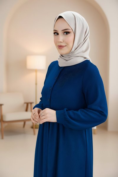 Modest Knitted Half-Placket Buttoned Dress - Navy