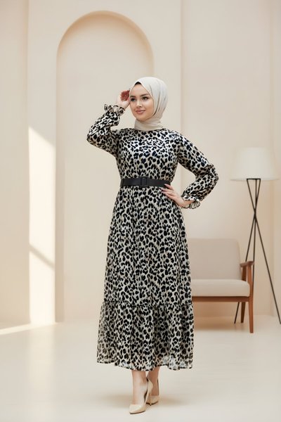 Relaxed Fit Leopard Print Chiffon Shirred Skirt Modest Dress