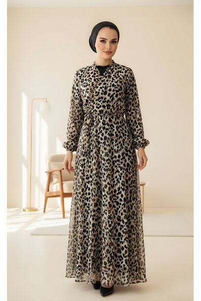 Modest Leopard Chiffon Wrap Neck Dress