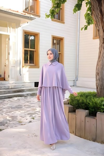 Modest Caped Collared Dress - Lilac