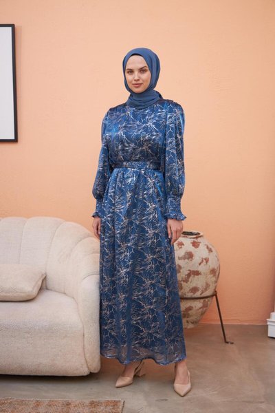 Mavi Simli Varaklı Balon Kol Şifon Tesettür Elbise