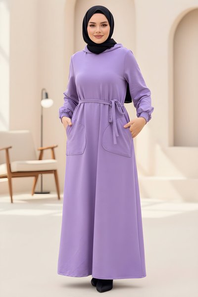 Sweat Hooded Modest Dress - Purple