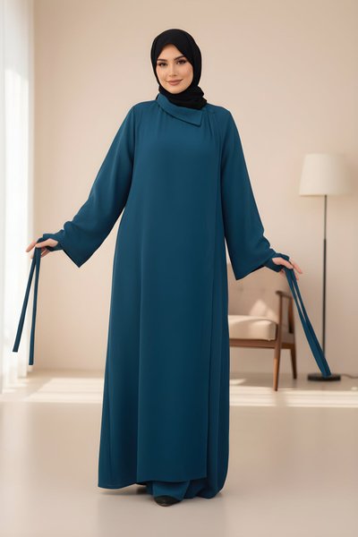 Ferace Style Knitted Wrap-Sleeve Detail Dress - Petrol