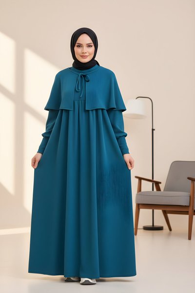 Knitted Caped Modest Dress - Petrol