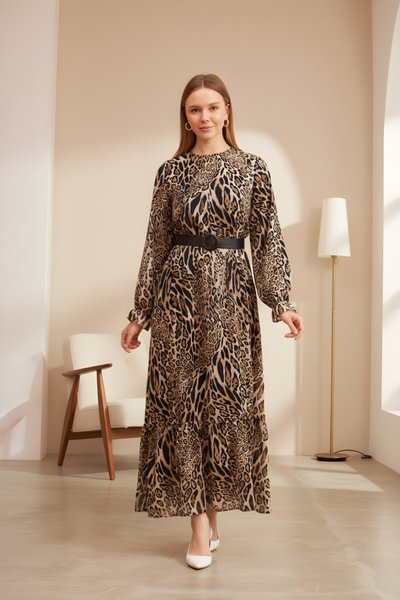 Relaxed Fit Patterned Chiffon Gathered Modest Dress