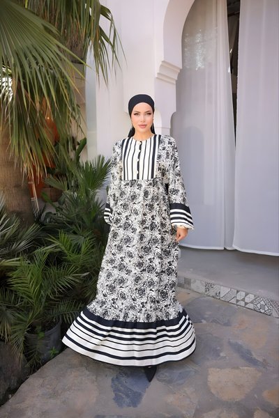 Belmando Skirt Patterned Fluid-Trim Modest Dress - Black