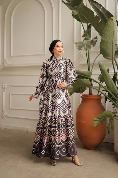 Flowy Hem Patterned Satin Shirt-Collar Modest Dress - Black